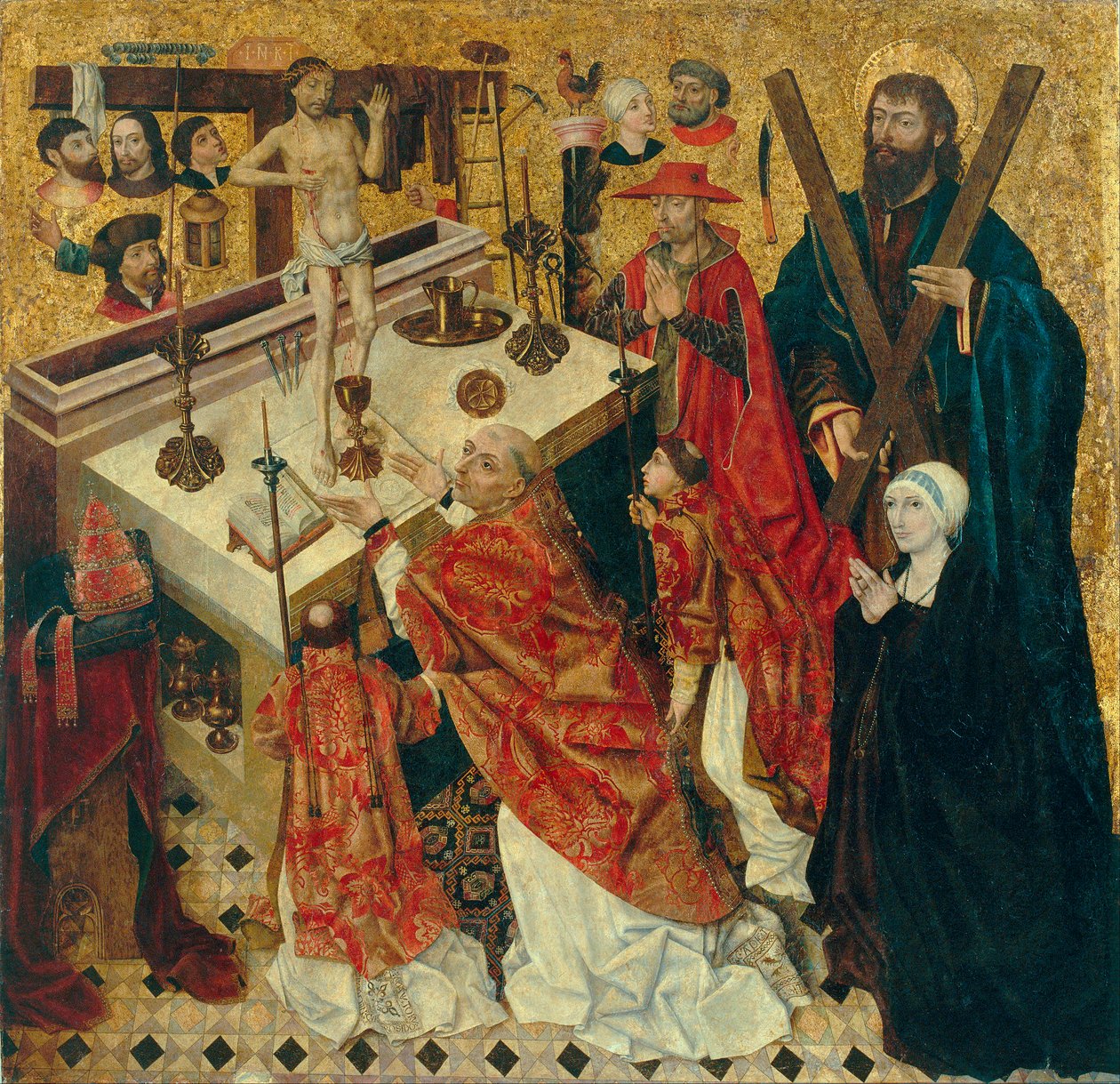 Messe de saint Gregoire - 《圣格雷戈里大帝的弥撒》 - Peinture de Diego de la Cruz（1482-1500 年活跃） - 1480 年前 - 木板油画 - 168x168 - 巴塞罗那加泰罗尼亚国家艺术博物馆 作者 迭戈·克鲁兹