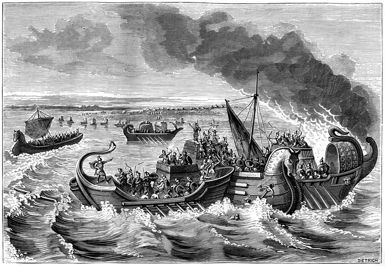 公元前1882-1884年，在卢瓦尔河上的罗马和威尼蒂战舰之间作战。 作者 迪特里希