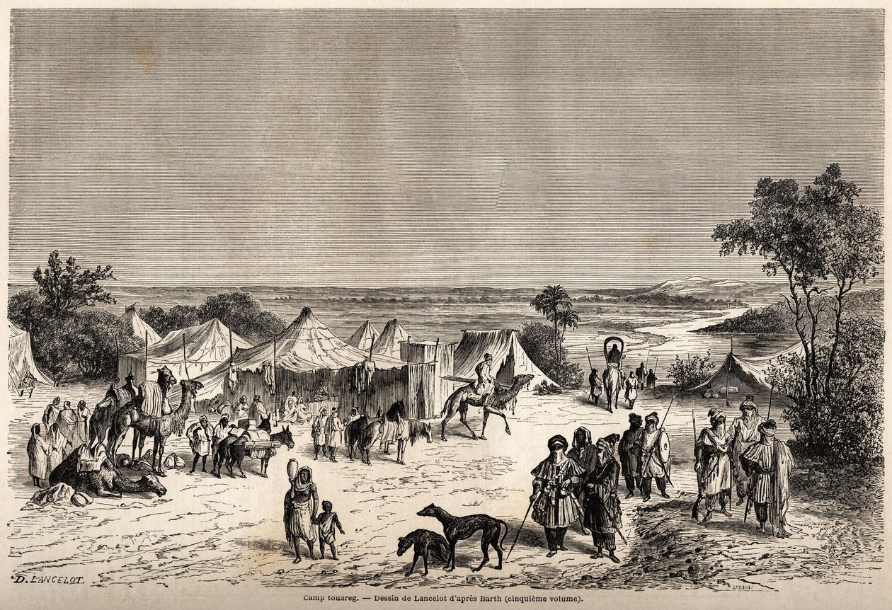 兰斯洛特绘制的途锐营地，展示了亨利·巴特博士 1849-1855 年前往非洲中心的旅程。 镌刻在“”环游世界，新旅游杂志“”巴黎 作者 Dieudonne Auguste Lancelot