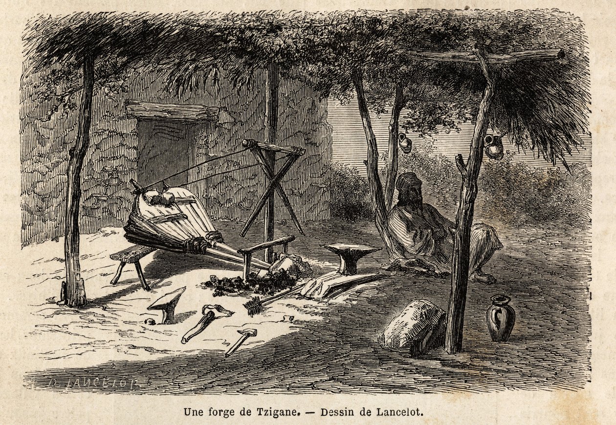 A gypsy forge in the region of Walachia, Romania. Engraving to illustrate the voyage from Paris to Bucharest, by Lancelot, draftsman, in 1860, published in “Le tour du monde, nouveau journal des voyages”, under the direction of Edouard Charton 作者 Dieudonne Auguste Lancelot