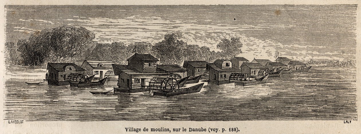 多瑙河上的一个磨坊村，由兰斯洛特绘制，用于说明 1860 年维克多·杜鲁伊 (Victor Duruy) 从巴黎到布加勒斯特的旅程。雕刻在“世界之旅”中，由爱德华·查顿 (Edouard Charton) 编辑 作者 Dieudonne Auguste Lancelot