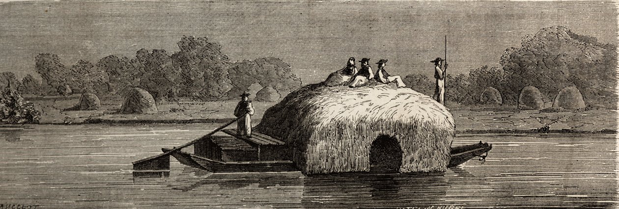 Cutting, harvesting and transporting fodder on the banks of the Danube. Drawing by Lancelot, to illustrate his journey from Paris to Bucharest in 1860. Engraving in “” Le tour du monde””, edited by Edouard Charton 作者 Dieudonne Auguste Lancelot