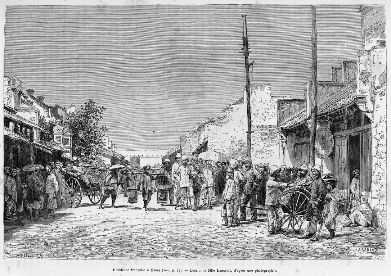 法国人在河内的住所。 兰斯洛特在一张照片后雕刻，说明 1884 年的 Trente mois au Tonkin 故事，由 Hocquard 博士在 1889 年的世界之旅中，由 Edouard Charton（1807-1890）执导，巴黎阿歇特。 作者 Dieudonne Auguste Lancelot