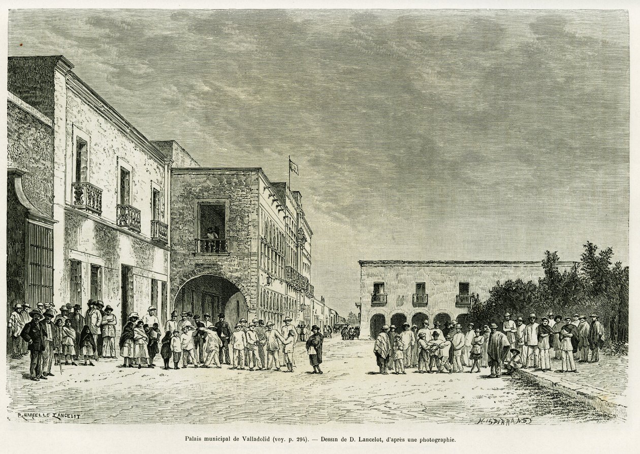 巴亚多利德市政厅。兰斯洛特为说明 "Ma last expedition au Yucatan "的故事而绘制的版画，作者是Desire Charnay，载于《le tour du monde 1887》，导演是Edouard Charton（1807-1890），Hachette，巴黎。 作者 Dieudonne Auguste Lancelot