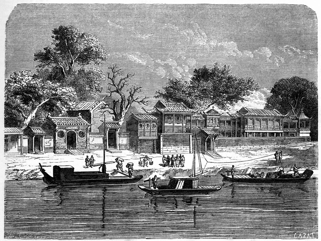 Palace conceived to the French missionaries in Tien Tsin (Tien-Tsin, Tianjin), China. Engraving by Lancelot, in “” Le Tour du Monde, Nouveau journal des Voyages””, edited by Edouard Charton, Paris 作者 Dieudonne Auguste Lancelot