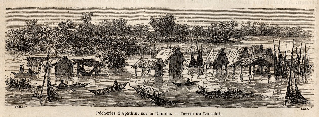 Apathin（塞尔维亚）的渔业，在多瑙河上。 兰斯洛特的画，说明他 1860 年从巴黎到布加勒斯特的旅程。雕刻在“世界之旅”，由爱德华查顿编辑 作者 Dieudonne Auguste Lancelot