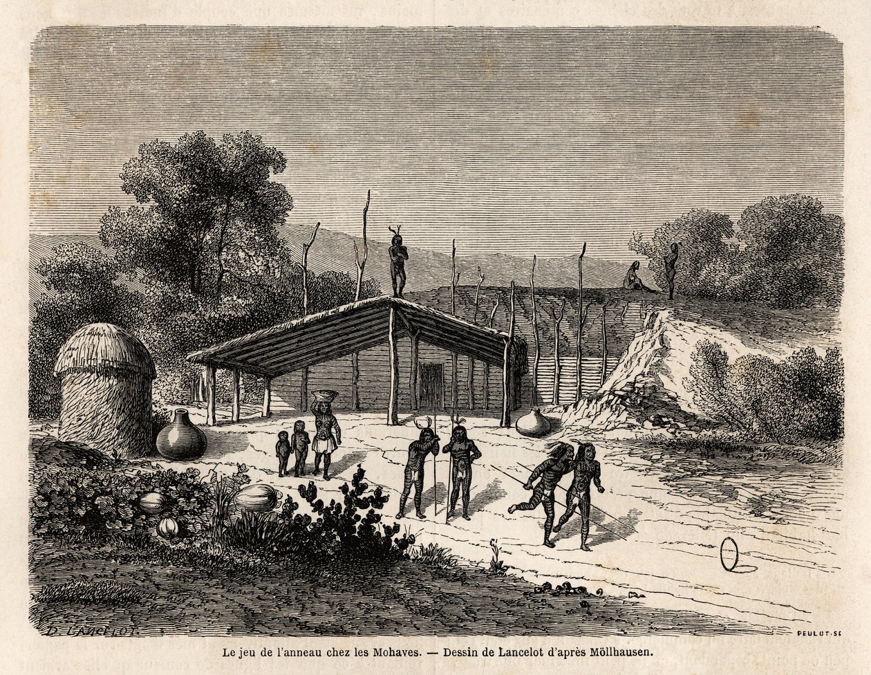 莫哈维印第安人的环形游戏，由Lancelot绘制，用于说明Baudouin Mollhausen（1825-1905）1853-54年密西西比河到太平洋的航行情况。雕刻在 "世界之旅，新的航海杂志 "中 巴黎 作者 Dieudonne Auguste Lancelot