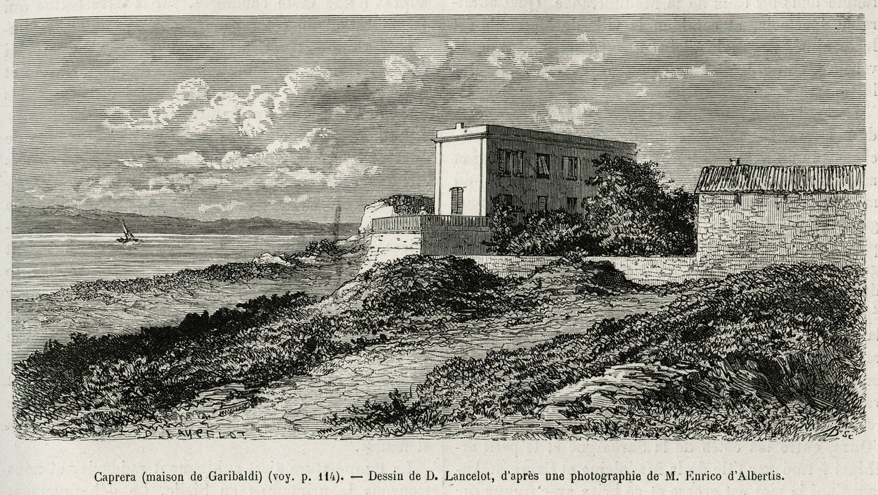 朱塞佩-加里波第（1807-1882）在La Caprera（撒丁岛）的房子，根据D.Lancelot的画作雕刻的，以说明今天叙利亚的故事，由里昂医学院院长Lortet先生完成，他负责一个科学任务。 作者 Dieudonne Auguste Lancelot