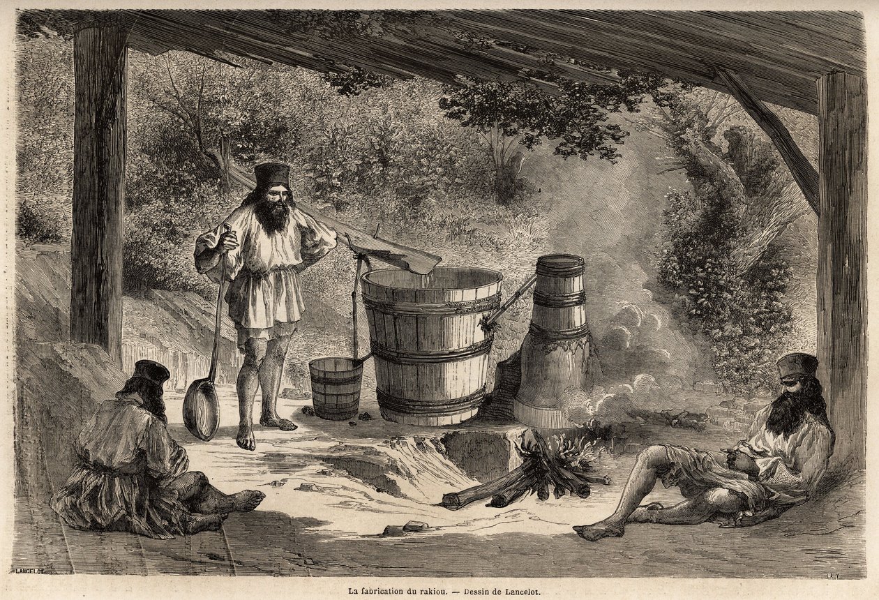 The manufacture of rakiou, cereal alcohol, sort of schnapps very common in Romania. Engraving to illustrate the voyage from Paris to Bucharest, by Lancelot, draftsman, in 1860, published in “Le tour du monde, nouveau journal des voyages”, under the directi 作者 Dieudonne Auguste Lancelot