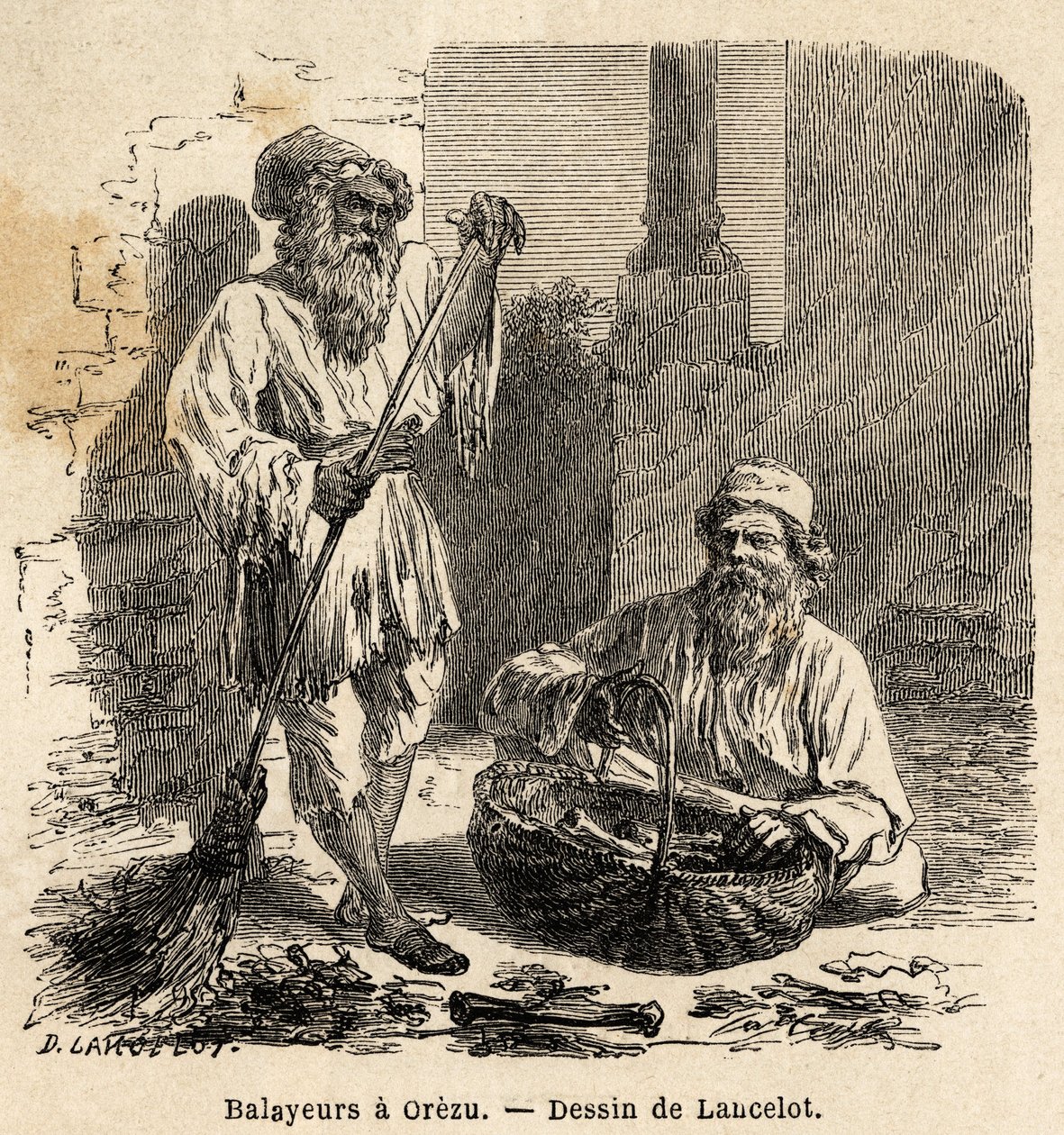 The sweepers in Orezu (Romania). Engraving to illustrate the voyage from Paris to Bucharest, by Lancelot, draftsman, in 1860, published in “Le tour du monde, nouveau journal des voyages”, under the direction of Edouard Charton 作者 Dieudonne Auguste Lancelot