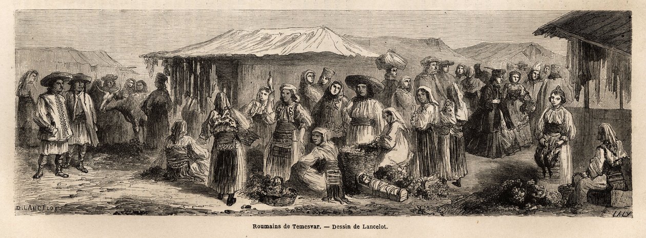 The walking population of Tesmevar (or Timisoara) in Romania. Engraving to illustrate the voyage from Paris to Bucharest, by Lancelot, draftsman, in 1860, published in “Le tour du monde, nouveau journal des voyages”, under the direction of Edouard Charton 作者 Dieudonne Auguste Lancelot