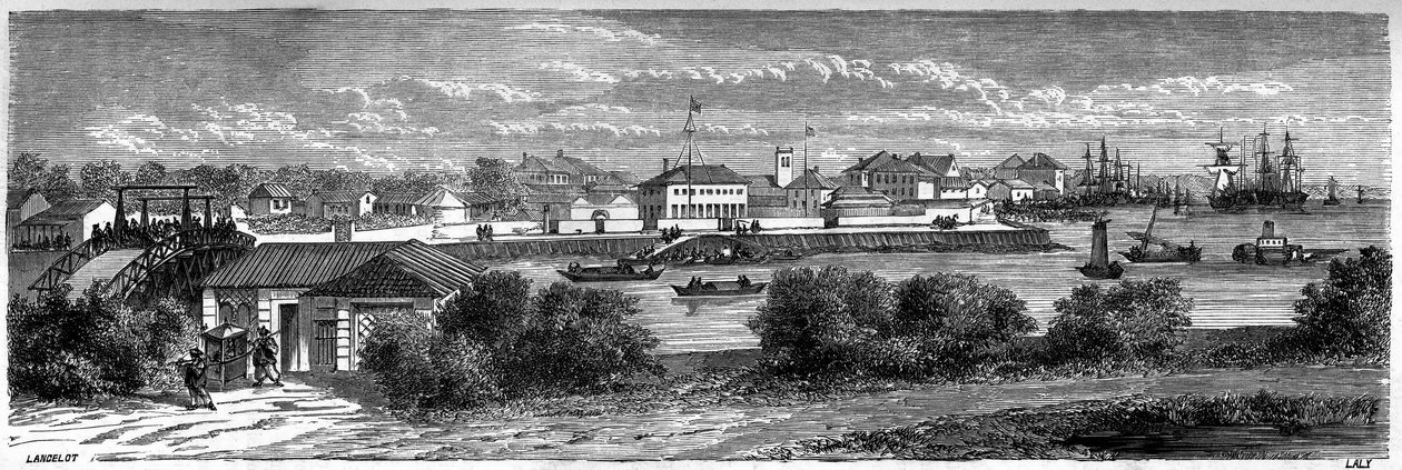 View of the United States concession on the Huangpu River in Shanghai in 1860, China. Engraving by Lancelot, in “” Le Tour du Monde, Nouveau journal des Voyages””, edited by Edouard Charton, Paris 作者 Dieudonne Auguste Lancelot