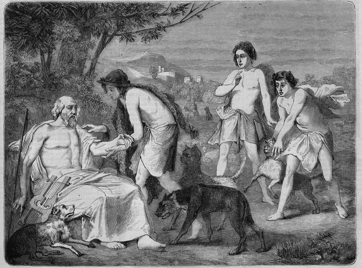 锡罗斯岛的Homere。1864年的雕版画，根据Maillard的画。 作者 Diogene Ulysse拿破仑·梅拉特