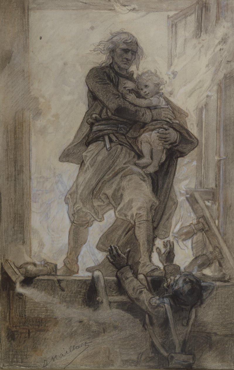 Lantenac侯爵拯救了一个孩子，来自Quatre-vingt-treize的插图由Victor Hugo（1802-85）（纸上的铅笔，蜡笔和水粉） 作者 Diogene Ulysse拿破仑·梅拉特