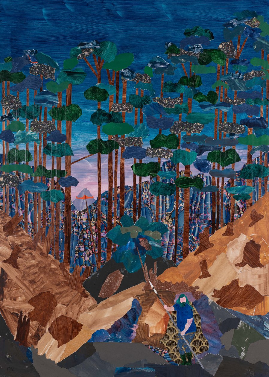 沃坦与布伦希尔德的岩石，瓦格纳的《指环》，2024 年（拼贴画） 作者 