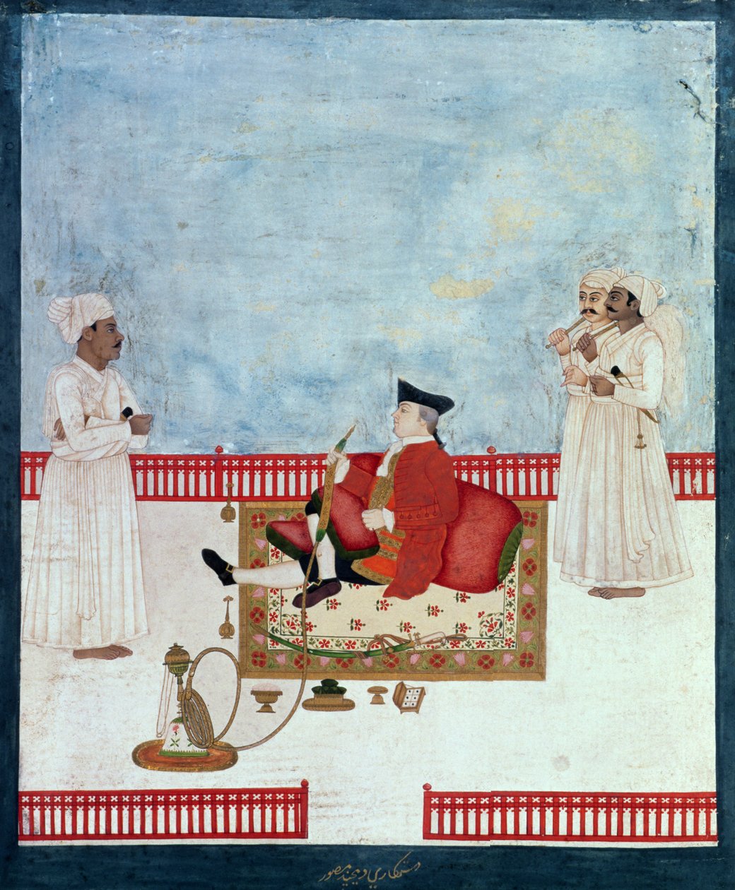 欧洲人坐在带有服务员的露台上，c.1760-63（印度微型） 作者 迪普·钱德