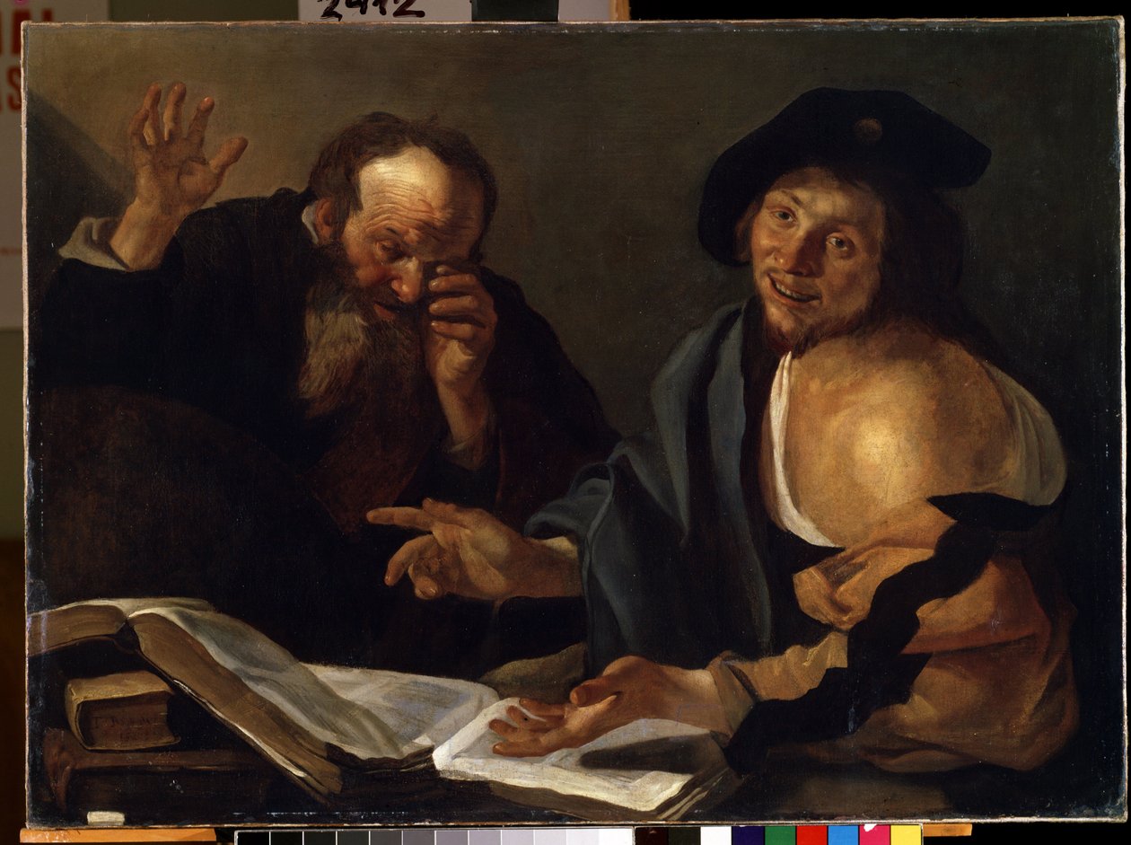 "赫拉克利特和德谟克利特" 希腊哲学家赫拉克利特（Heraclitus of Ephesus，公元前 535-475 年）和德谟克利特（Democritus，公元前 460-370 年）。西奥多-凡-巴布伦（Dirk Baburen）（1570/90-1623/4）17 世纪的绘画 米卡洛美术馆 作者 迪克·巴布伦·范（Dirck Baburen van）