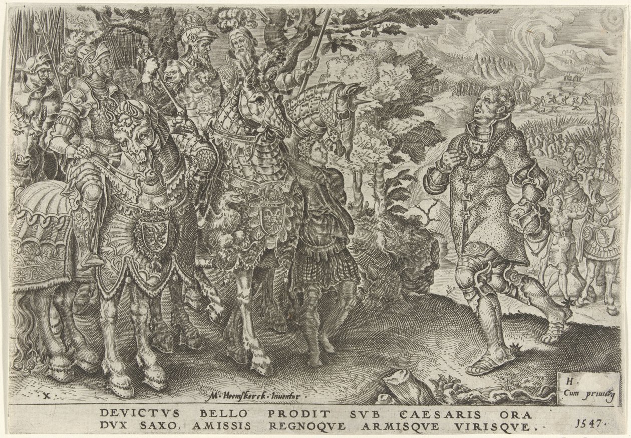 萨克森公爵在米尔贝格战场投降，1547 年 查理五世的胜利（系列标题） 迪维·卡罗利. V.小鬼。 选择。 Max. victoriae, ex multis praecipuae（系列标题） 作者 迪尔克沃尔克茨。康赫特