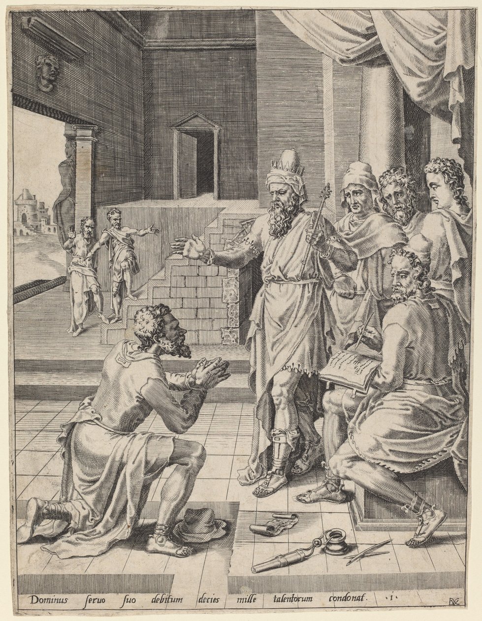 国王宽恕了仆人的债务 作者 Dirck Volckertz Coornhert 在 Maerten van Heemskerck 之后