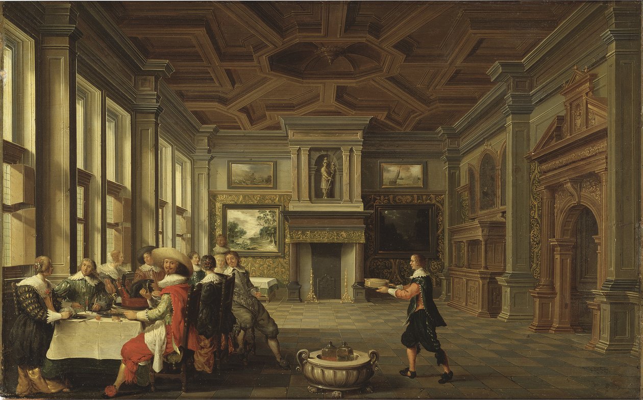 Diner distingue dans un interieur - Distinguished Dinner Company in an Interior, by Delen, Dirck van (c. 1605-1671).布面油画 作者 迪克·范·德伦