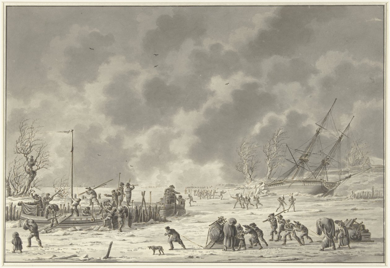 1795 年 1 月，特克塞尔岛的兰德扎顿船（Vluchten van de Landzaten te Texel
1794 年 12 月加农炮船的废弃和 Landzaaten 的逃离（标题见实物） 作者 德克·朗根戴克