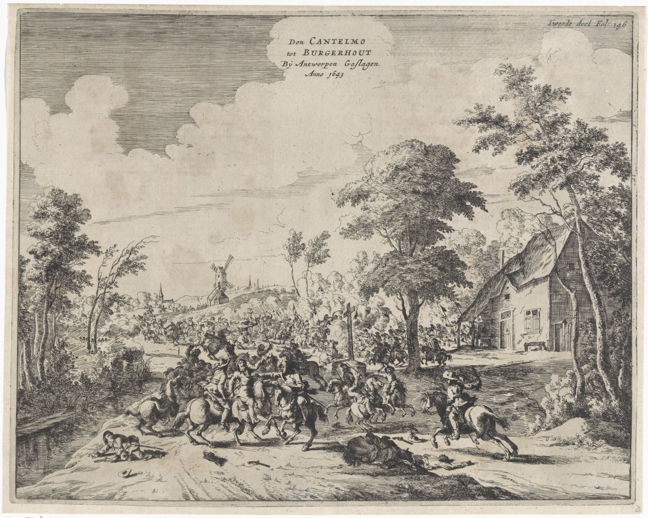 1643 年，唐-康特尔莫在博格豪特附近击败西班牙人
Don Cantelmo tot Burgerhout By Antwerpen Geslagen Anno 1643（标题见实物） 作者 德克·斯托普