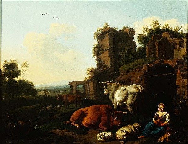 有牧羊女的风景，约1670年（油画板）。 作者 德克·范·伯根