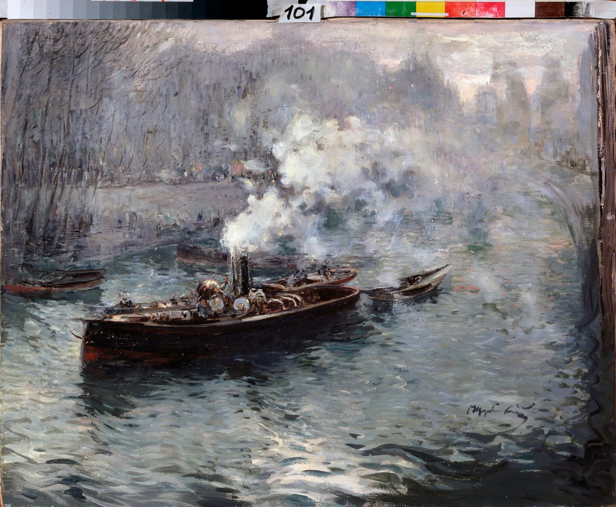 汽船 - 德米特里·安菲莫维奇·谢尔比诺夫斯基 (1867-1926) 的绘画，布面油画 作者 德米特里·安菲莫维奇·谢尔比诺夫斯基