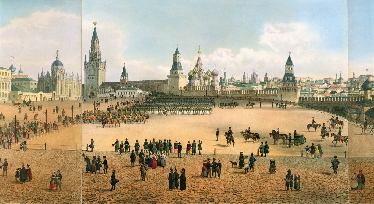 从克里姆林宫看到的圣巴西尔大教堂，从莫斯科的全景，由Philippe Benoist 1813-c.1905和Aubrun，酒吧雕刻。作者：Lemercier，c.1840 105095的光刻细节 作者 德米特里（Dmitri Indieitzeff）