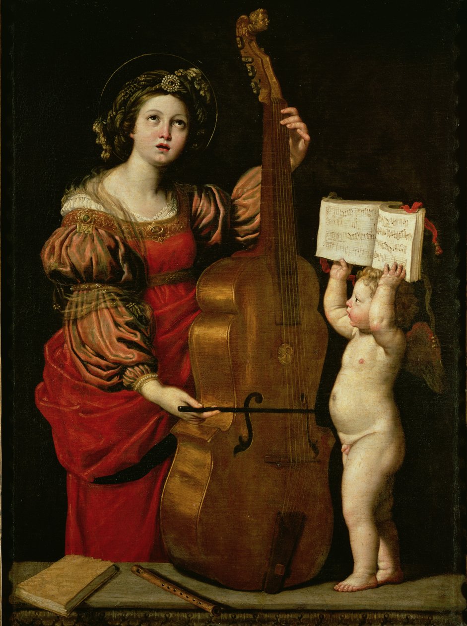 与拿着乐谱的天使的圣塞西莉亚，c.1620 作者 多梅尼奇诺