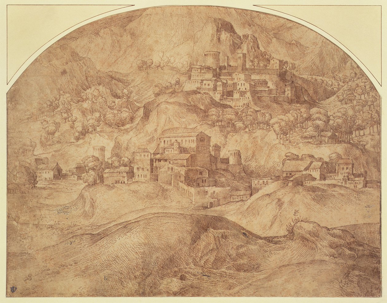 山地景观（钢笔和墨水） 作者 多梅尼科·坎帕尼奥拉（Domenico Campagnola）