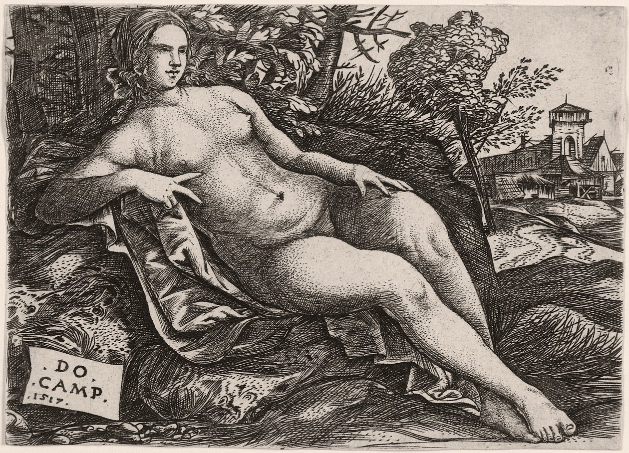金星斜倚在风景中，c。 1517 作者 多梅尼科·坎帕尼奥拉（Domenico Campagnola）