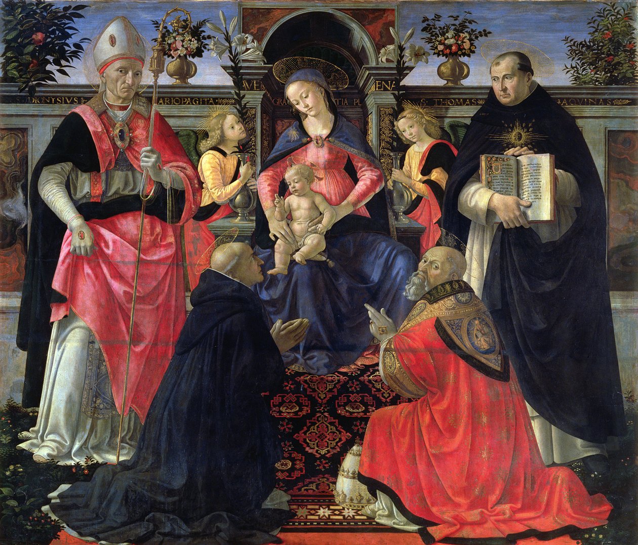 麦当娜和儿童登上了SS。 Dionysius，Aeropagita，Domenic，Clement和Thomas Aquinas，1483 作者 多梅尼科·吉兰达约（Domenico Ghirlandaio）