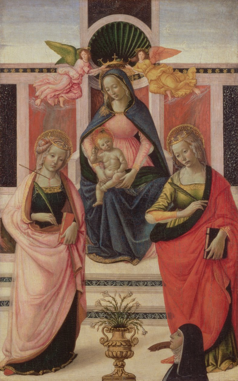 维尔京和儿童登上St Ursula和St. Catherine，1480-1500（面板上有油釉的蛋彩画） 作者 多梅尼科·吉兰达约（Domenico Ghirlandaio）
