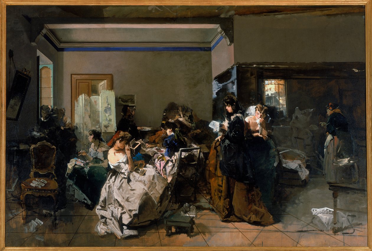 一些年轻的裁缝正在工作的车间的绘画，1858-60 作者 多梅尼科·印度诺（Domenico Induno）