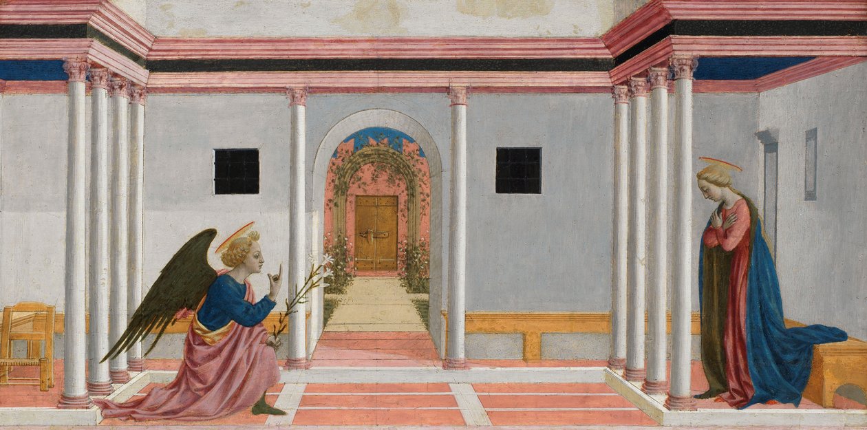 来自St. Lucy Altarpiece的预告小组，c.1442-48（面板上的蛋彩画） 作者 多梅尼科（Domenico Veneziano）