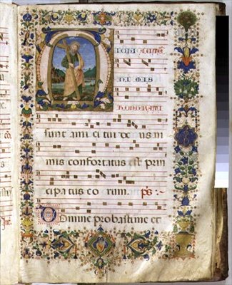 Ms 540 f.3r 带历史性首字母 "M "的页面，描绘了圣安德鲁，来自San Marco e Cenacoli的唱诗班书籍（牛皮纸）。 作者 多梅尼科·吉兰达约（Domenico Ghirlandaio）