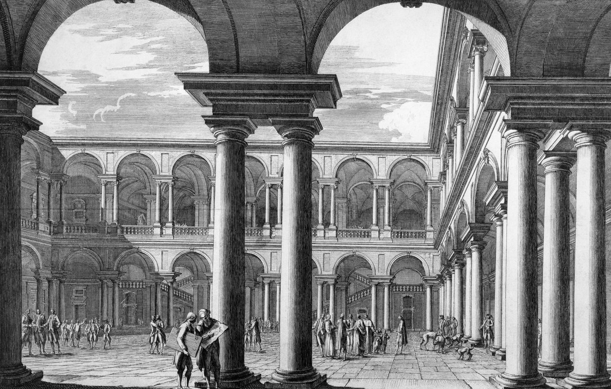 米兰布雷拉宫的庭院，内有美术学院和艺术画廊，由建筑师 Francesco Maria Richini（1584-1658）设计，由意大利多梅尼科·阿斯帕里（Domenico Aspari）（1745-1831）雕刻 作者 多梅尼科·阿斯帕里（Domenico Aspari）