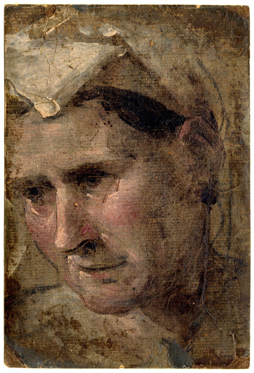 贝卡夫米 - 左顾右盼的老妇人头像 纸上油画，1953,1212.4 作者 多梅尼科·贝卡法米