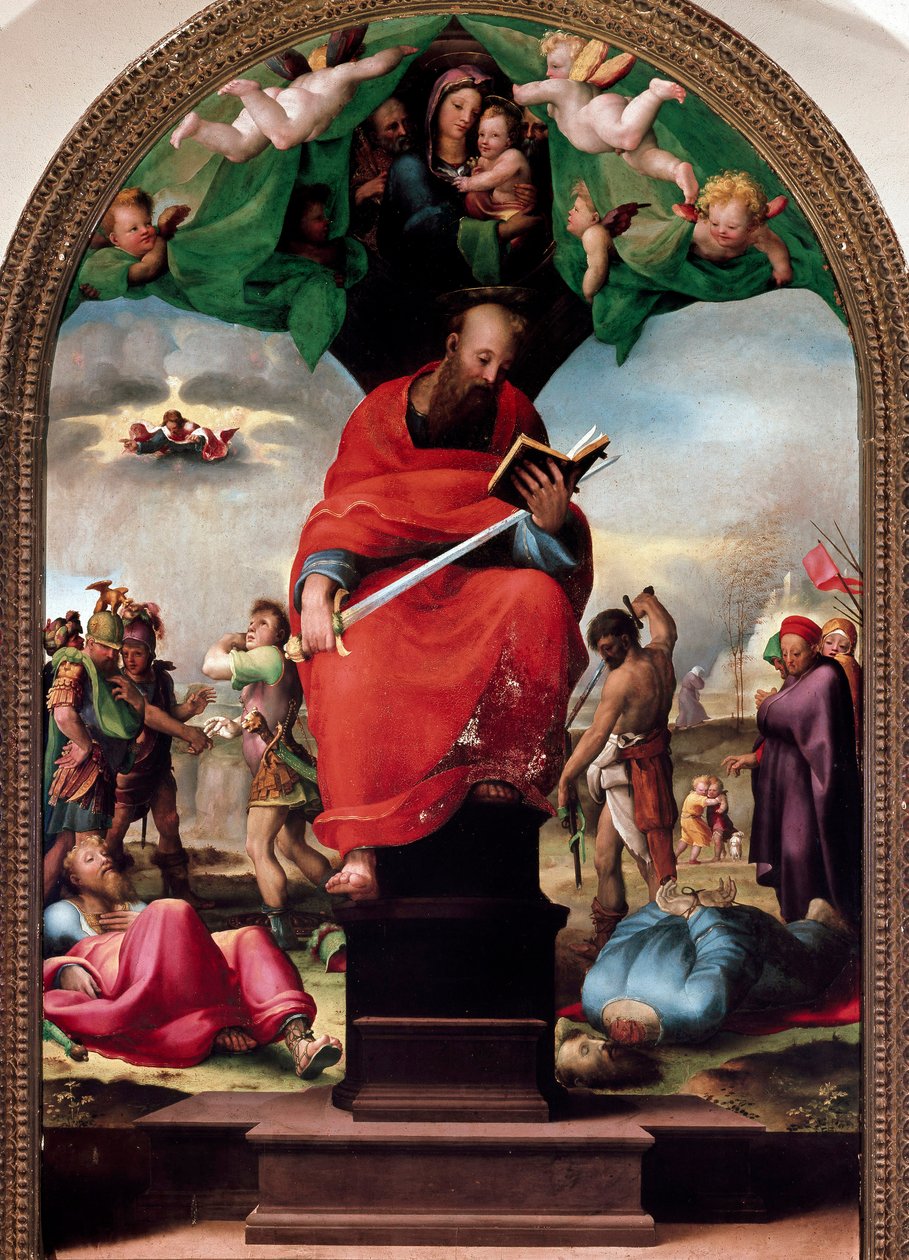 圣保罗在宝座上的代表作多梅尼科·贝卡富米 (Domenico Beccafumi) (1486-1551) 约 1515 年的绘画。 太阳。 2,3x1,5 m Siena, museo dell