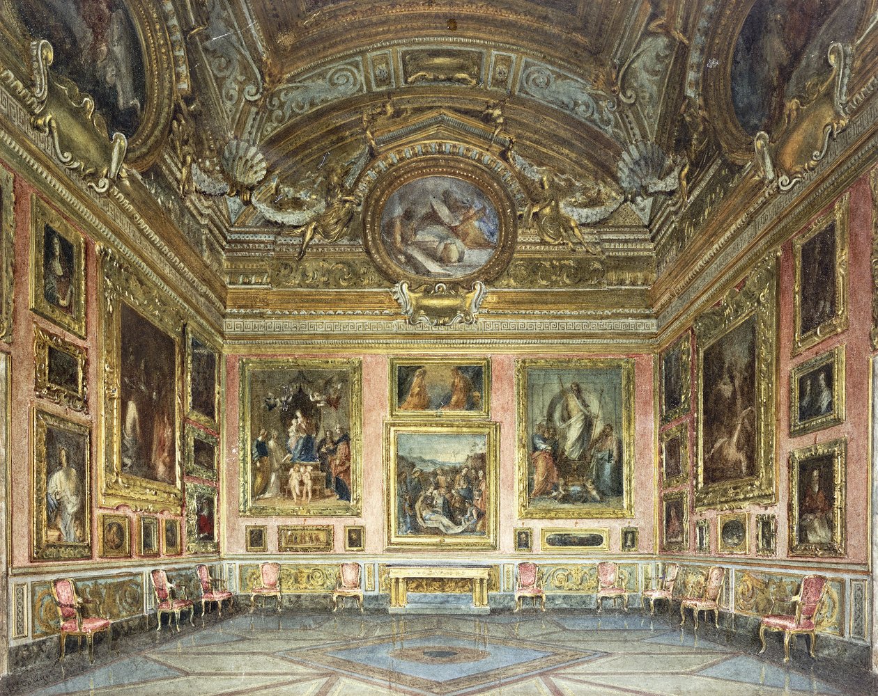 佛罗伦萨皮蒂宫（Palazzo Pitti）的内部：萨拉·迪·萨图尔诺（Sala di Saturno）和佩鲁吉诺（Perugino）的“悲叹”，两侧是弗拉·巴托洛梅欧（Fra Bartolommeo）和拉斐尔（Raphael）的绘画，1871年 作者 多梅尼科·卡利戈（Domenico Caligo）