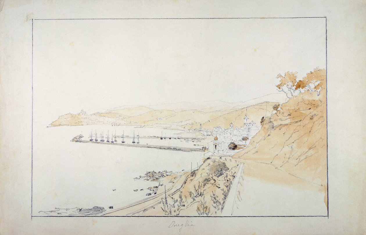 从奥内利亚看到的毛里齐奥港，约 1859 年，意大利 Pasquale Domenico Cambiaso（1811-1894 年）作 铅笔和水彩画。 作者 多梅尼科·坎比亚索