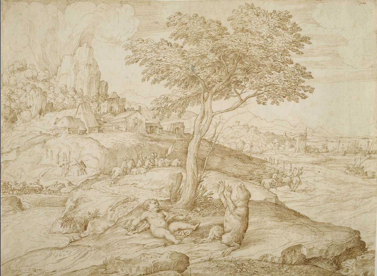 在生产Arcas之后，Callistos转变为熊，c.1558（奶油色纸上的笔和棕色墨水） 作者 多梅尼科·坎帕尼奥拉（Domenico Campagnola）