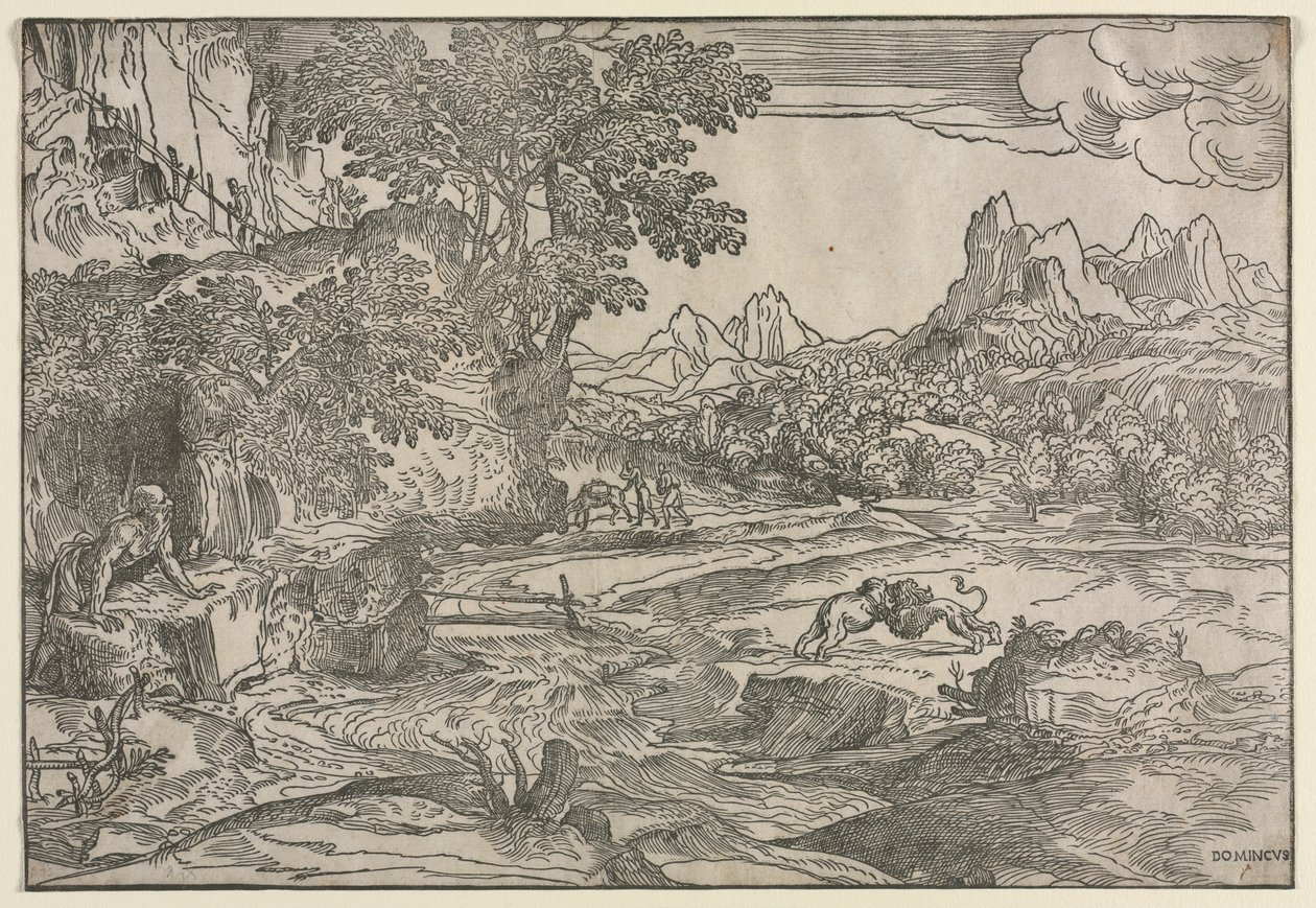 圣杰罗姆和两只狮子的风景画 作者 多梅尼科·坎帕尼奥拉（Domenico Campagnola）