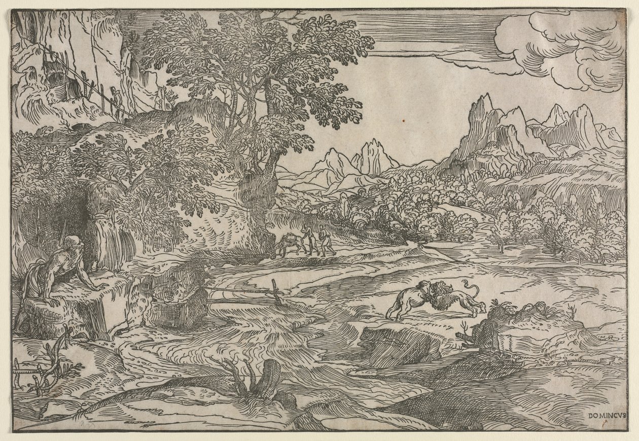 与圣杰罗姆和两只狮子，景观c。 1530-35。 作者 多梅尼科·坎帕尼奥拉（Domenico Campagnola）
