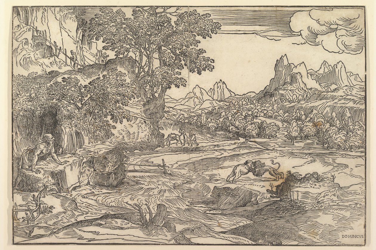 与左侧的圣杰罗姆（Jerome）风景向左看，狮子和熊在中心战斗...，ca。 1530-35。 作者 多梅尼科·坎帕尼奥拉（Domenico Campagnola）