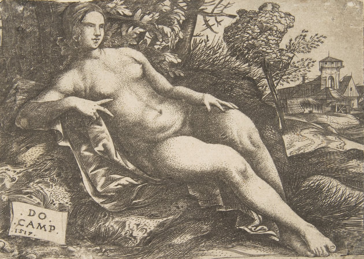 躺在风景中的裸女维纳斯，1517年。 作者 多梅尼科·坎帕尼奥拉（Domenico Campagnola）