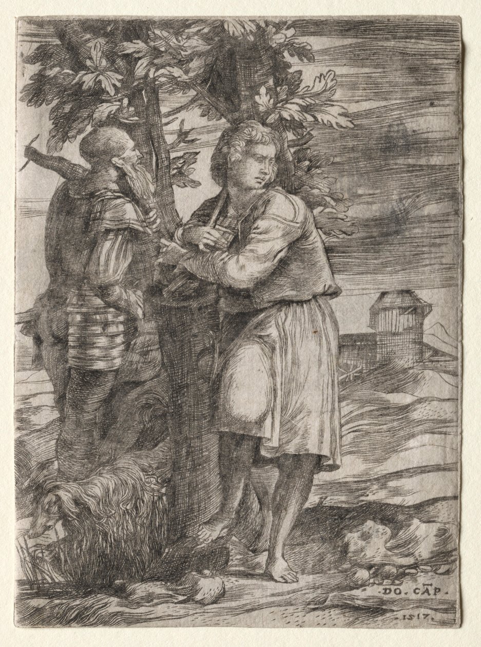 牧羊人和老战士，1517年。 作者 多梅尼科·坎帕尼奥拉（Domenico Campagnola）