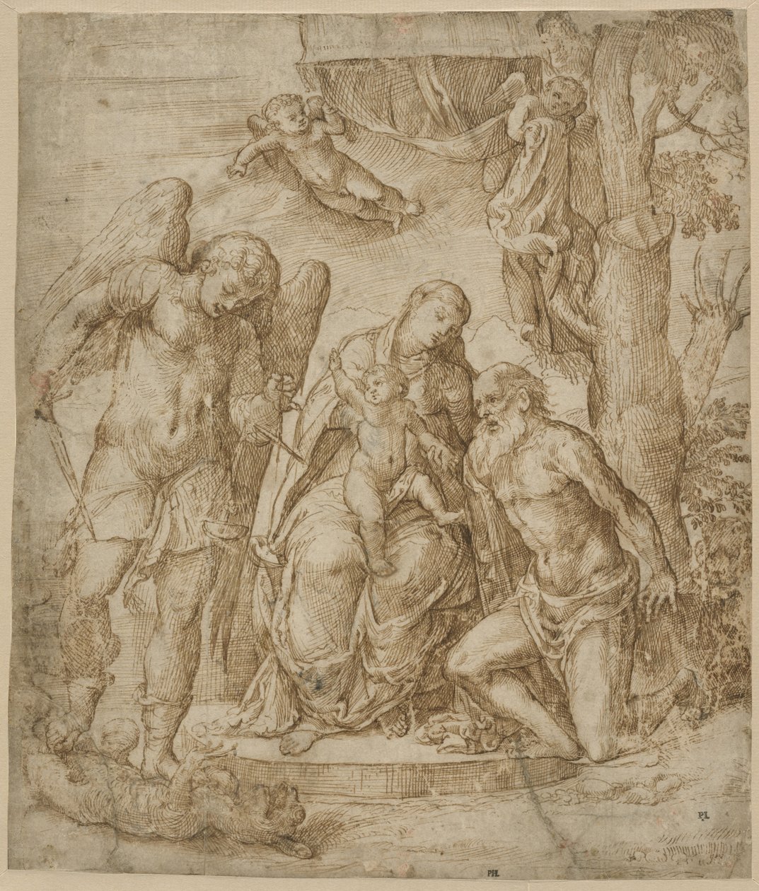 圣母子与圣迈克尔和杰罗姆，约1520-25年 作者 多梅尼科·坎帕尼奥拉（Domenico Campagnola）