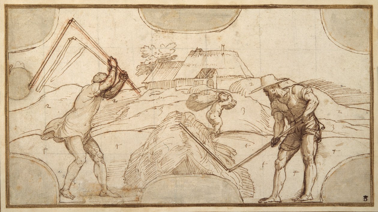 Two peasants threshing (pen & brown ink with brown wash on paper) 作者 多梅尼科·坎帕尼奥拉（Domenico Campagnola）